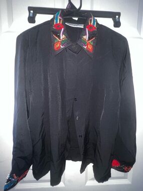Yves St Clair Black Shirt w/ Multicolor Embroidered Bead Collar Size 12 VINTAGE